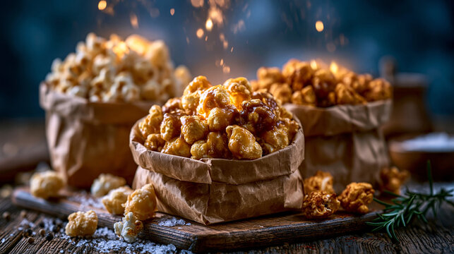 Caramel popcorn in paper bag with sparkling light effects on dark moody background