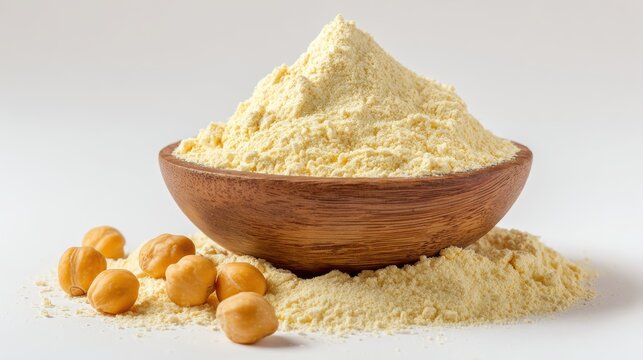 Chickpea flour in wooden bowl with whole chickpeas isolated on white background. Perfect for gluten free baking and plant based cooking.