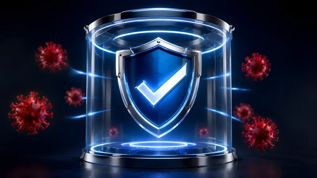 Digital antivirus software protection with a glowing blue checkmark shield inside a glass dome blocking red virus threats representing network security and immunity