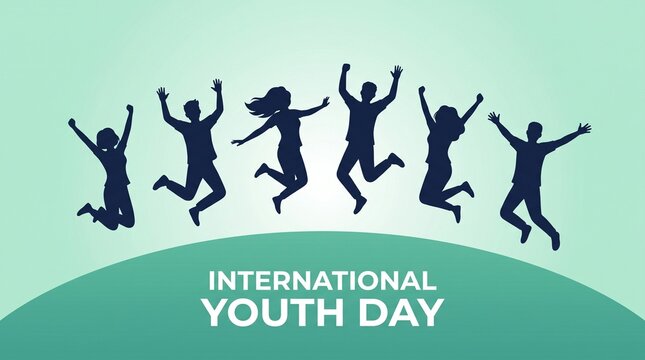 International Youth Day banner, jumping people silhouettes on green background, happy young group celebrating diversity and freedom