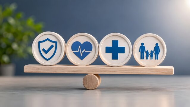 Health and family insurance coverage concept with wooden medical icons balanced on a scale representing life stability and financial protection