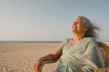 Fototapeta premium Senior woman relaxing on a peaceful beach with open sky and sea