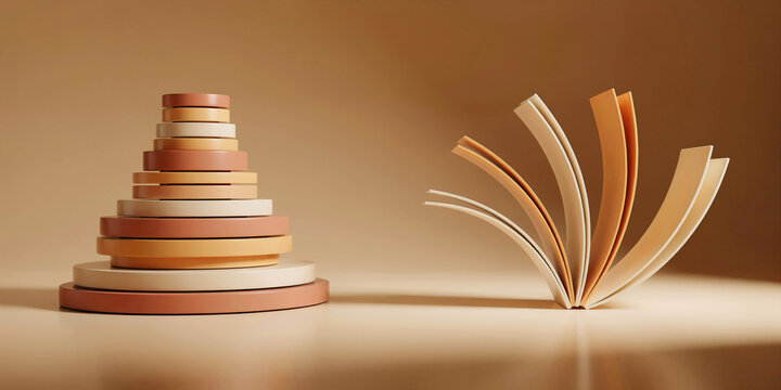 Stacked circular discs and fan shaped paper in warm earthy tones