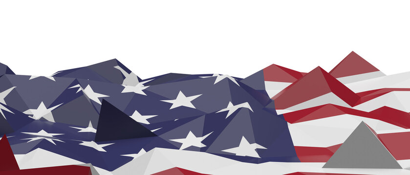 Geometric low poly landscape art using American flag colors and stars. Modern abstract background.