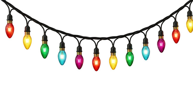 Colorful Christmas lights hanging in a row for holiday decoration isolated on transparent background