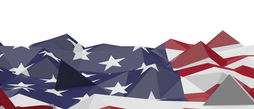 Stylized landscape with geometric mountains resembling the American flag pattern.