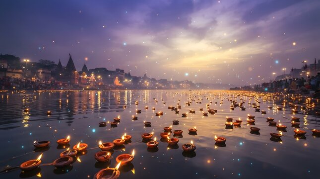 Floating diyas on river ganges at sunset with temple background