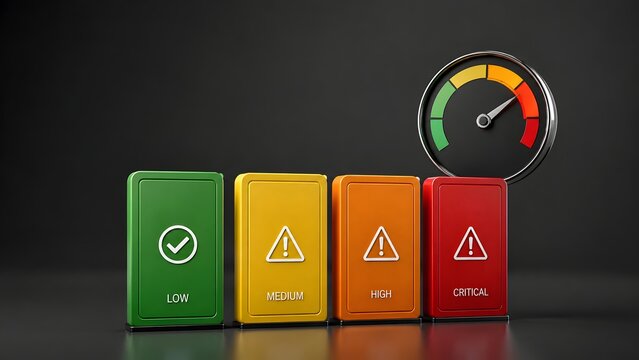Risk management assessment with colorful warning blocks and performance gauge representing business threat evaluation and safety compliance
