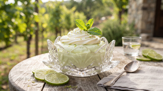 refreshing key lime mousse is served in a crystal bowl, topped with whipped cream and fresh mint, and garnished with sliced limes on a rustic wooden table.