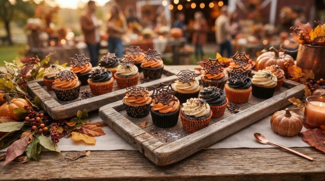 Delicious Halloween cupcakes with spiderweb decorations served outdoors at a festive gathering