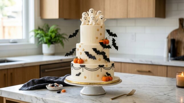 Spooky three-tiered Halloween cake decorated with ghosts, bats, and pumpkins