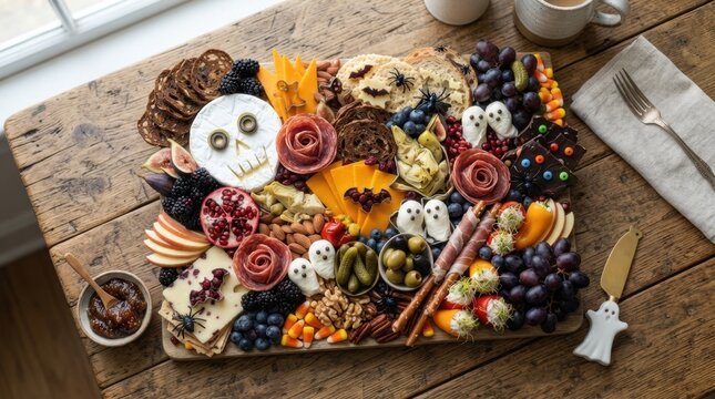 Festive Halloween charcuterie board with spooky treats and seasonal delights