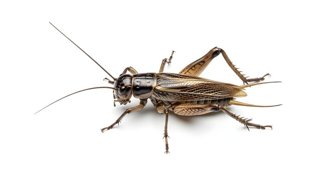 A detailed close up of a brown and black cricket insect with long antennae isolated on a clean white background for nature study and scientific use