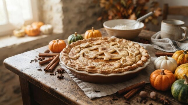 Delicious homemade pumpkin pie with jack-o-lantern design for autumn holidays