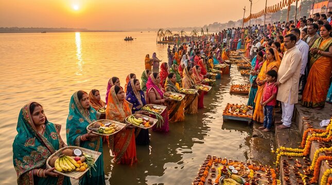 Devotees performing Chhath Puja ritual at the river bank during sunrise in India.