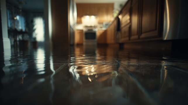 Flooded kitchen floor covered with standing water from a broken pipe. Ideal for home insurance claims and plumbing disaster concepts.