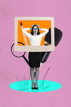 3d poster image zine photo collage of happy man girl stand post picture cadre microphone reportage magnifier discover party