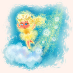 Raster illustration: a little cartoon sunny fairy with golden hair in a dress made of sun rays jumping on a cloud against a blue sky background.