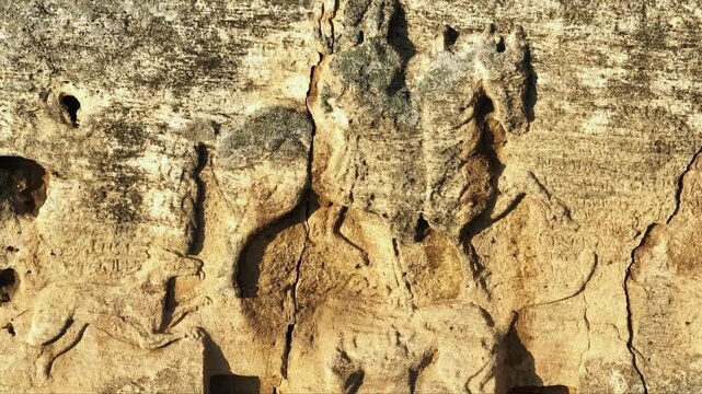 Madara Rider Rock Relief Extreme Close Up Shumen Bulgaria Drone Shot Medieval Horseman Statue Lion Hunting Thracian Mystery UNESCO World Heritage Site Ancient History Vertical