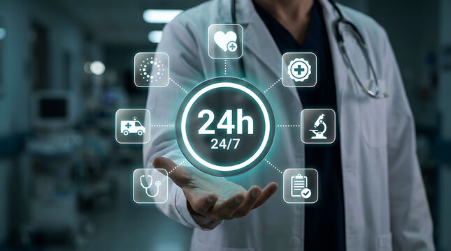 Doctor holding 24h medical service virtual icon in hospital clinic