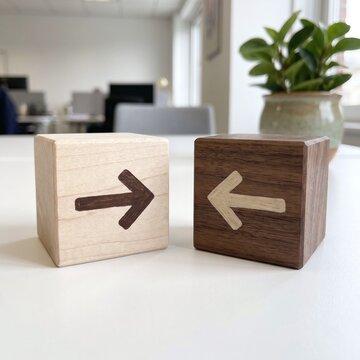 Two wooden cubes with arrow symbols in contrasting light and dark wood, showing opposite directions for a business decision concept.