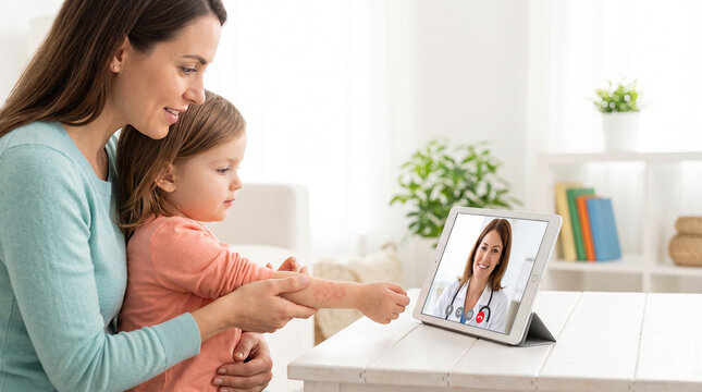 Mother showing daughter skin rash to doctor during pediatric telehealth video consultation at home