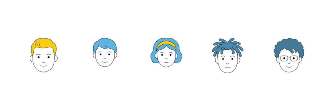 Diverse avatar face icon set of young people character portrait flat line modern vector illustration.