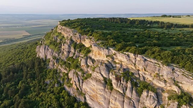 Madara Plateau Massive Cliffs Aerial View Shumen Bulgaria Drone Shot Madara Rider Historical Reserve Natural Landmark Summer Travel Tourism Panoramic Horizon Horizontal