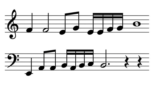 Music notes and rest symbols on two staff lines for sheet music isolated on transparent background