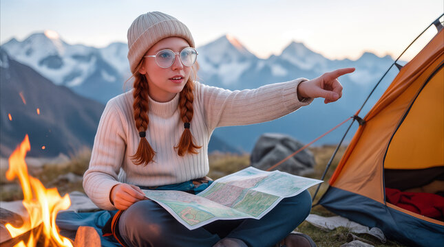 Red-haired traveler pointing toward snowy peaks while holding map by campfire. Adventure tourism and wilderness navigation at high altitude mountain campsite.