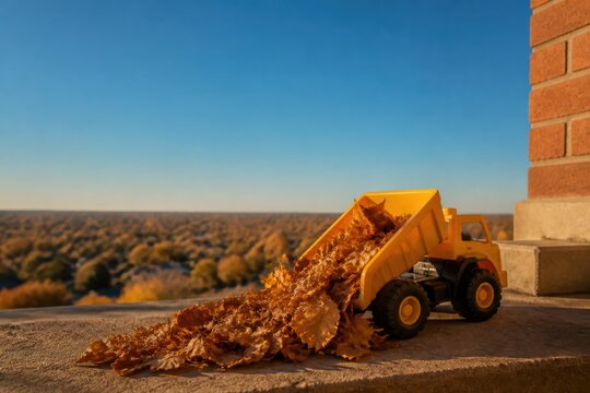 Autumn dumper toy truck spilling leaves on a sunny ledge