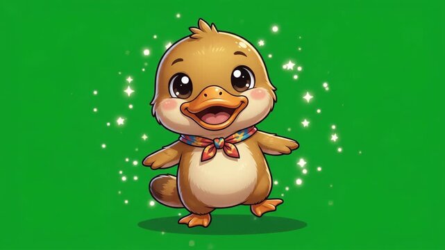 Adorable Cartoon Duckling Character with Scarf, Animated Style, Sparkling Effect, Children's Entertainment Visual