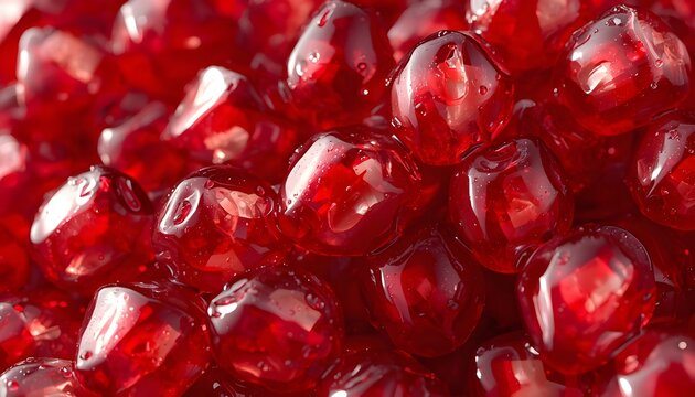 Hyper realistic macro close up of juicy ruby red pomegranate seeds glistened with water droplets.