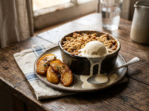 Delicious homemade apple crumble served with a scoop of melting vanilla ice cream on a rustic wooden table.