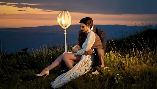 A romantic couple sitting together on a grassy hill during a beautiful sunset with a decorative lamp.