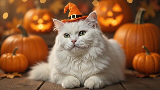 Cute Halloween Cat Wearing Witch Hat and Cozy Blanket at Home Scene 4k