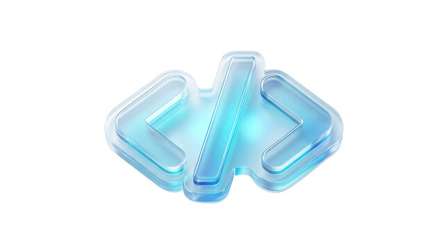 3D glass code brackets PNG with blue glowing slash, translucent coding symbol isolated on white background for developer UI