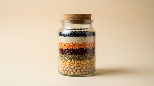Glass jar with layered dry lentils and beans on a beige background