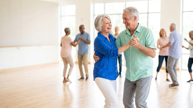 Happy senior couple dancing together during active aging fitness class at community center