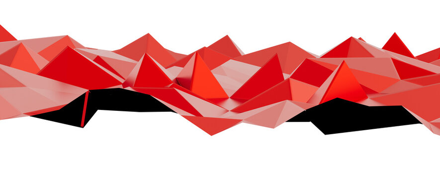 Vibrant red geometric low poly abstract surface on a black background, modern digital design.