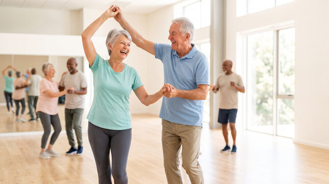 Senior couple enjoying dance class together as active retirement and healthy aging lifestyle