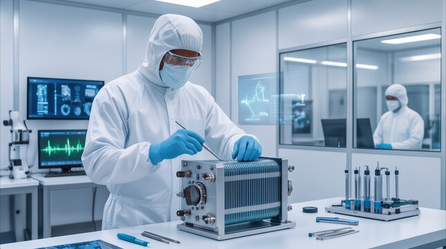 Laboratory scientist assembling hydrogen fuel cell stack in sterile cleanroom. Advanced energy technology development and precision engineering in high-tech research facility.