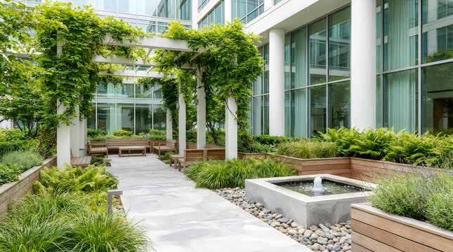 Modern office building courtyard with green garden and a small water fountain
