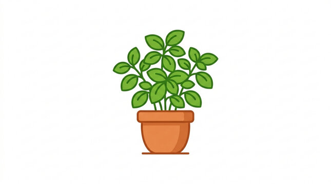 Green herbal plant in a terracotta pot isolated on white background, vector illustration.