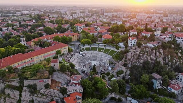 Ancient Theatre Of Philippopolis Plovdiv Sunrise Aerial View Bulgaria Drone Shot Ancient Roman Theater Old Town Summer Travel Tourism Horizontal