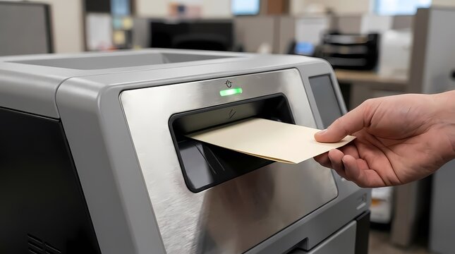 Hand inserting paper into office printer for document output.