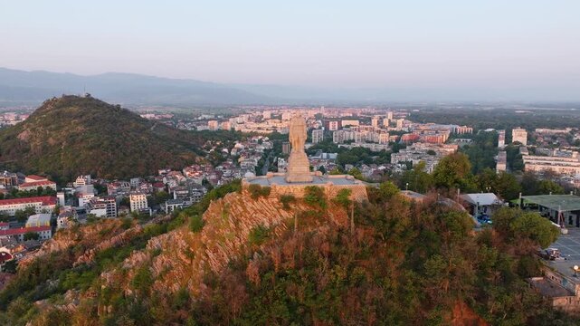 Alyosha Monument Bunardzhik Hill Plovdiv Sunrise Aerial View Bulgaria Drone Shot Soviet Memorial Monument Hilltop Summer Travel Tourism Horizontal