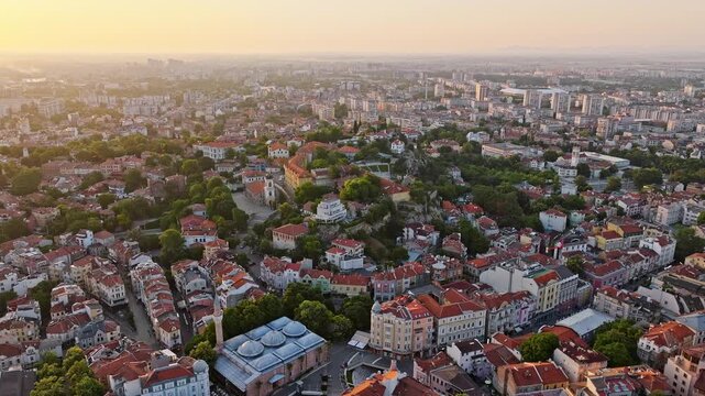 Plovdiv Old Town Sunrise Aerial View Bulgaria Drone Shot Historic Cityscape Red Roofs Dzhumaya Mosque Morning Light Summer Travel Tourism Horizontal