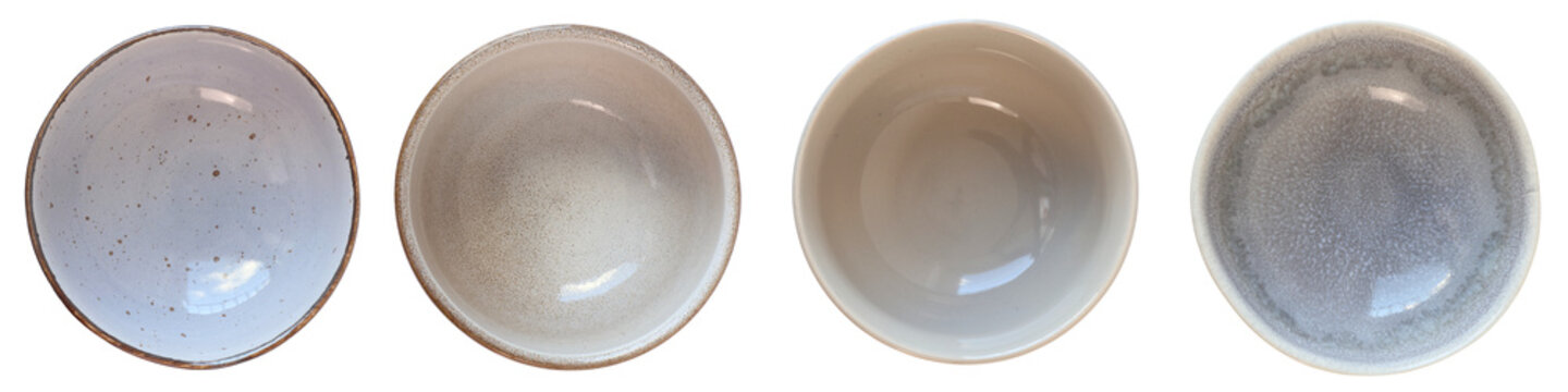 set of four round ceramic bowls in pastel shades, top down view, tableware for design, png, isolated on transparent background