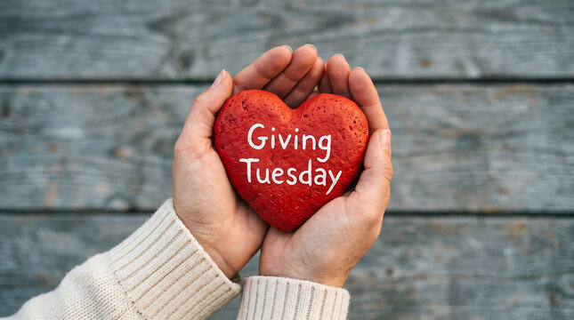 Red heart shaped stone held in hands featuring Giving Tuesday text on rustic weathered wood background